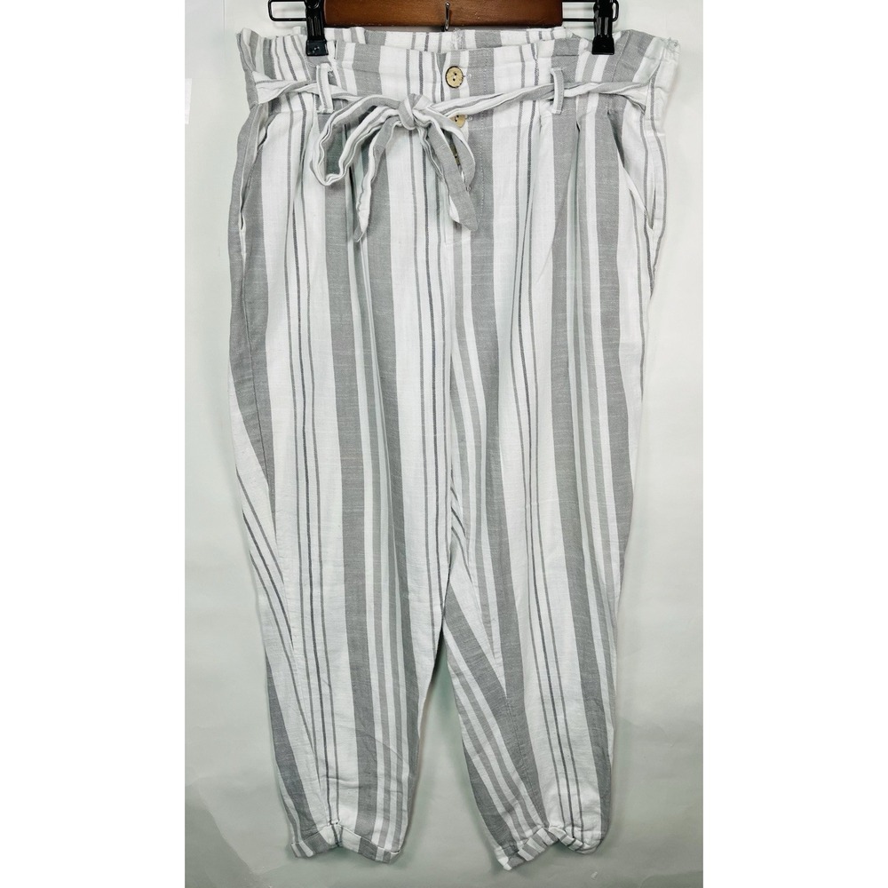 Hot Kiss Women's Paper Bag High Rise Tie Waist Cotton Gray White‎ Striped Pants